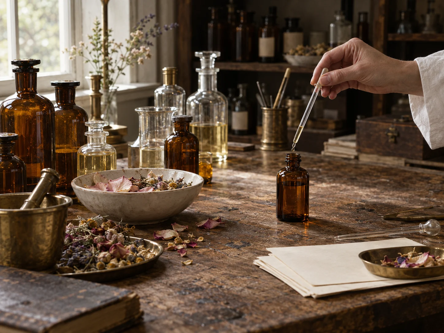 Illustrative perfumery workbench with traditional glass bottles, botanicals and a pipette