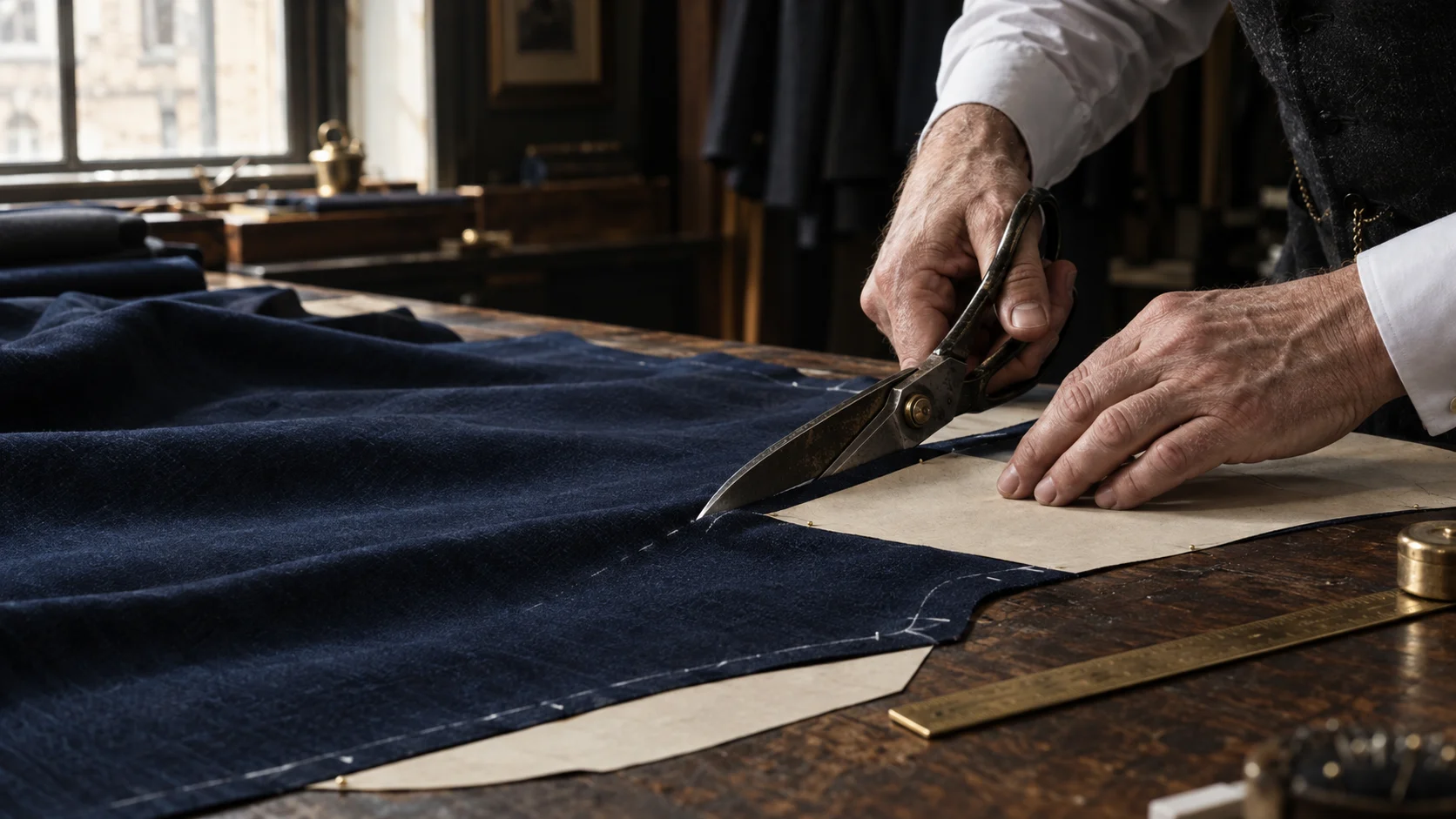 Illustrative atelier scene: a master cutter working with navy wool and traditional tailoring shears